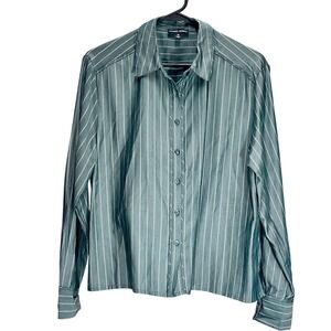 Sage Green Pin Striped Button Up Shirt Long‎ Sleeve Collared Size M Womens